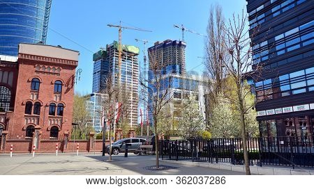 Warsaw, Poland. 19 April 2020. Roundabout Daszynski. New Skyscrapers In The Financial District Of Do