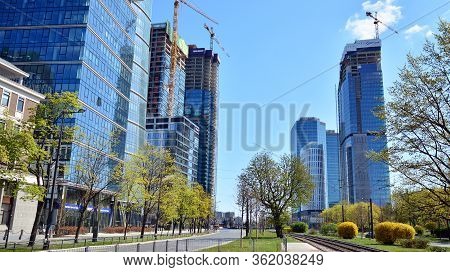 Warsaw, Poland. 19 April 2020. Roundabout Daszynski. New Skyscrapers In The Financial District Of Do