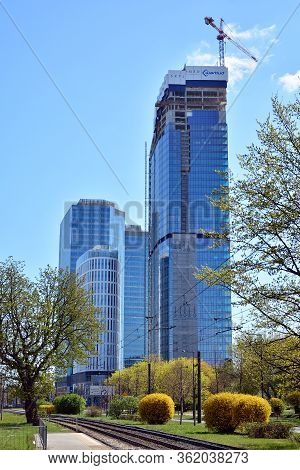 Warsaw, Poland. 19 April 2020. Roundabout Daszynski. New Skyscrapers In The Financial District Of Do