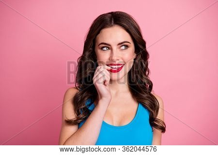 Closeup Photo Of Attractive Lady Good Mood Look Side Empty Space Bite Finger Nail Have Tricky Sly Id