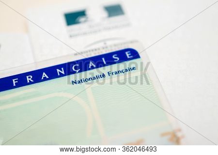 Paris, France - Mar 31, 2019: Tilt Shift Lens Close-up Macro Shot Of National Identity Card Carte Na