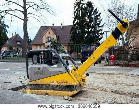 Strasbourg, France - Mar 10, 2019: Reversible Vibratory Plates Manufactured By Wacker Neuson On The 