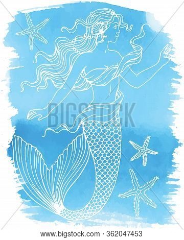 Beaгtiful Mermaid Outline Vector Hand Drawn Illustration On Watercolor Background.