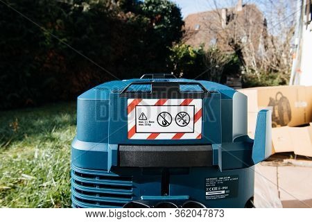 Strasbourg, France - Feb 9, 2020: Warning With 1 L-boxx And Maxim 15 Kg Load On Top Of New Bosch Gas