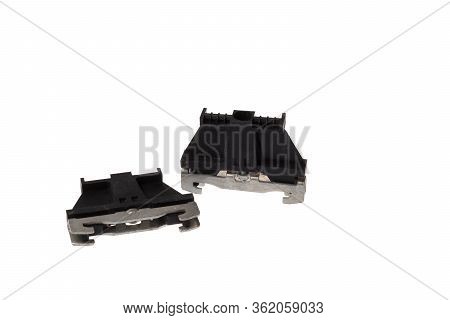 Set Black Stopper Block For Electrical Pass Through Terminals For Din Rail, Isolated On White Backgr