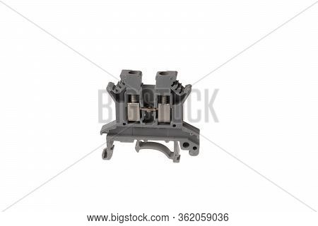 Grey Electrical Pass Through Terminal For Din Rail, Isolated On White Background