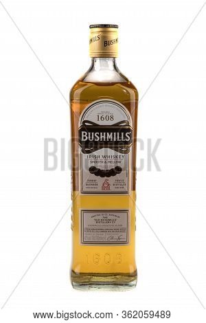 Varna, Bulgaria - April 14, 2020. Bottle Of Bushmills Whiskey, Isolated On White Background. The Old