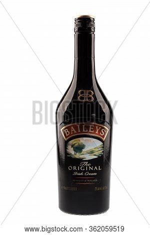 Varna, Bulgaria - April 14, 2020. Baileys Irosh Cream Bottle, Isolated On White Background. Baileys 
