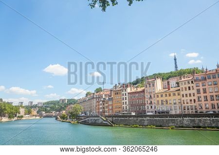 Panorama Of Saone River And The Quais De Saone Riverbank And Riverside In The City Center Of Lyon, N