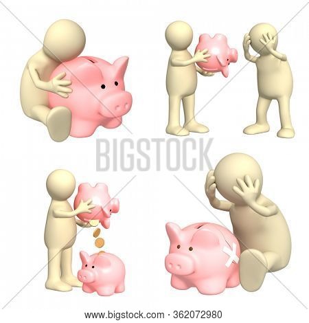 Set of 3d mans with piggy bank. Two puppets with empty coinbox, one person with broken piggy bank. Isolated on white background. 3d render