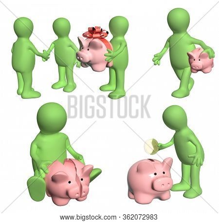 Set of green 3d mans with piggy bank. Three puppets with gift, one person with broken piggy bank, man puts a coin in a coinbox. Isolated on white background. 3d render