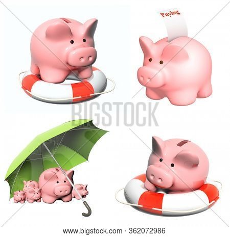 Concept - financial recession. Piggy banks under an umbrella, coinbox and lifebuoy. Isolated on white background. 3d render