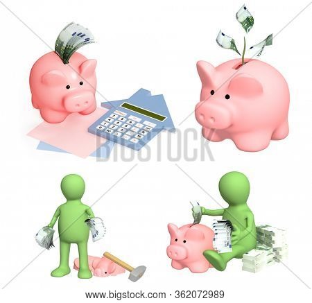 Saving money concept. 3d puppet, broken a hammer a piggy bank, man who is saving money in piggy bank, coinbox with euro banknotes. Isolated on white background. 3d render