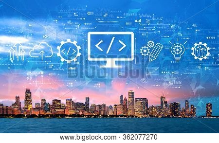 Web Development Concept With Downtown Chicago Cityscape Skyline With Lake Michigan