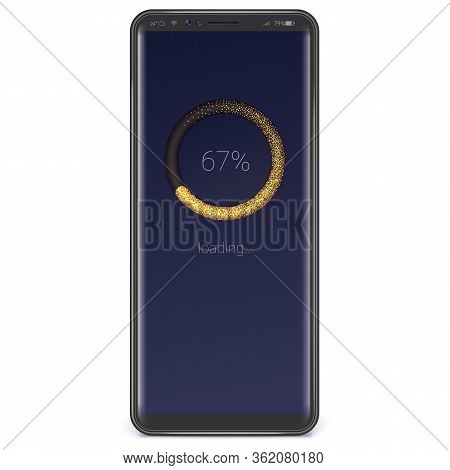 Realistic Smart Phone With Load Or Download Bar On Screen. Black Background, Night Version Gold Grad