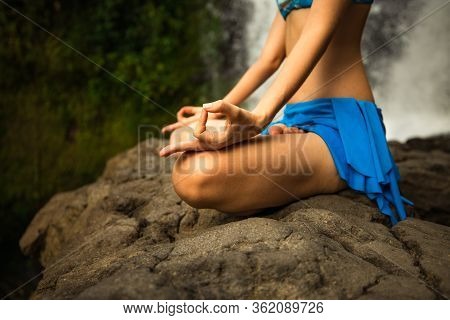 Lotus Pose. Close Up Gyan Mudra. Outdoor Yoga. Young Woman Sitting On Sand, Meditating, Practicing Y