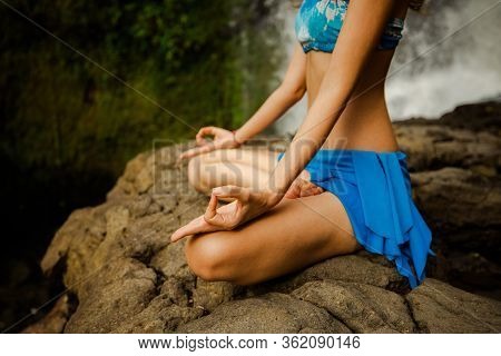 Lotus Pose. Close Up Gyan Mudra. Outdoor Yoga. Young Woman Sitting On Sand, Meditating, Practicing Y