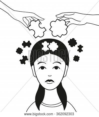 Mother And Father Hands Connecting Puzzel Pieces In The Head Of Doghter.