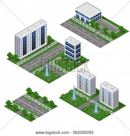 Modern City Isometric Set. Big Office And Shop Building. Isolated Modules, Apartment Houses, Street 