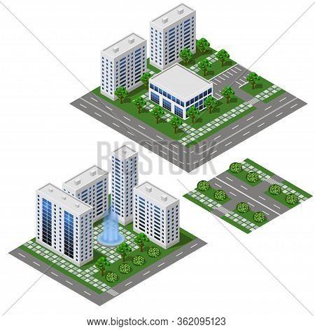 Modern City Isometric Set. Big Houses And Buildings, Streets And Square With Trees And Fountain. Iso