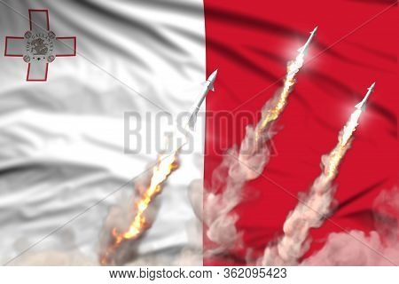 Malta Nuclear Warhead Launch - Modern Strategic Nuclear Rocket Weapons Concept On Flag Fabric Backgr