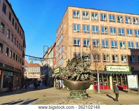 Nuremberg, Germany - January 01, 2020: Famous Sight Narrenschiff, Christmas Shopping Kaethe Wohlfahr