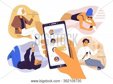 Concept Of Sharing News, Refer Friends Online. Hand Holding Smartphone With Contacts On Screen. Pers