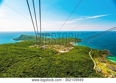 The Highest Cable Car In  Fukuok, Vietnam, A Long Walk At High Altitude Above The Sea. View From Abo