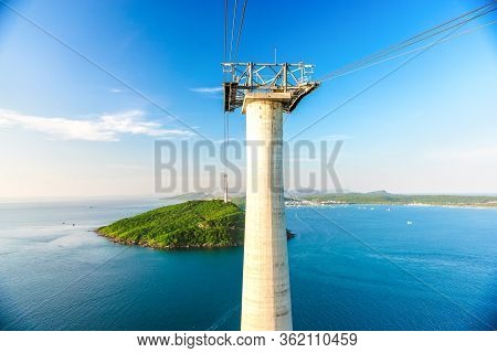 The Highest Cable Car In  Fukuok, Vietnam, A Long Walk At High Altitude Above The Sea. View From Abo