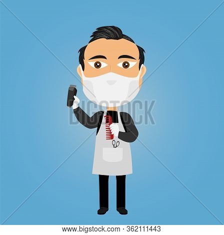 Caucasian Barber Hairdress With Virus Mask White Gloves Electric Razor Cissors Come And Apron. Vecto