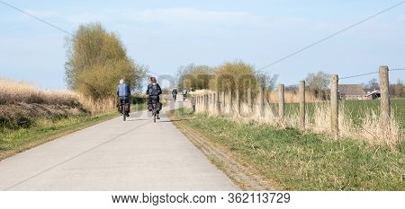 Rear View Of People Riding Bikes On Bicycle Path In The Netherlands
