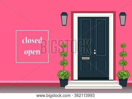 Apartment Building With Door Front With Doorstep And Steps Porch, Flower Pot, Lamp, Exterior Entranc