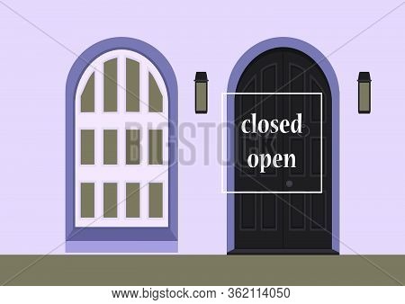 Apartment Building With Door Front With Doorstep And Steps Porch, Window, Lamp, Exterior Entrance Do