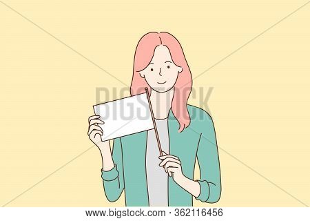 Woman With White Flag Template, Advertising Concept. Young Smiling Business Woman Girl Holding White