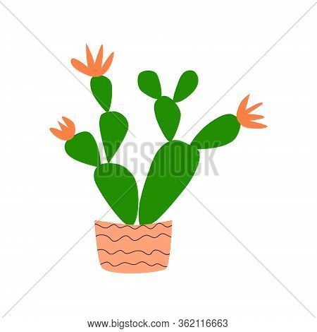 Blooming Cactus In A Flower Pot, Hand Drawn Simple Flat. Succulent Home Plant With Pink Buds For The