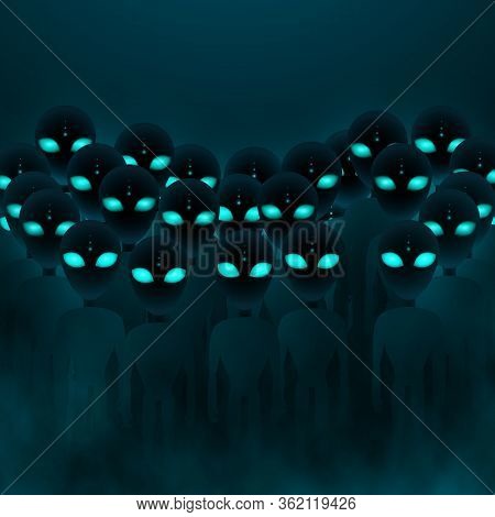 Alien Invasion. Group Of Deamons Or Aliens With Big Green Eyes. Scary Mystery Futuristic Background.