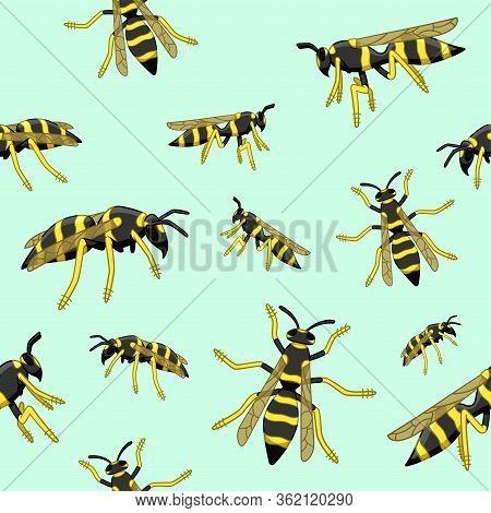 Wasps Seamless Pattern On Blue Background Vector Illustration