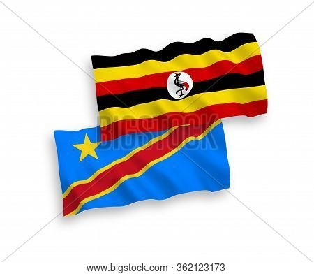 National Fabric Wave Flags Of Uganda And Democratic Republic Of The Congo Isolated On White Backgrou