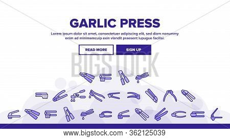 Garlic Press Utensil Landing Web Page Header Banner Template Vector. Garlic Press Kitchenware Equipm