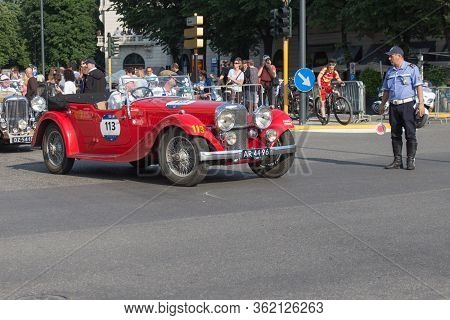Brescia, Italy - May 19 2018: Alvis Speed 20 Sb 1934 Is An Old Racing Car In Rally Mille Miglia 2018