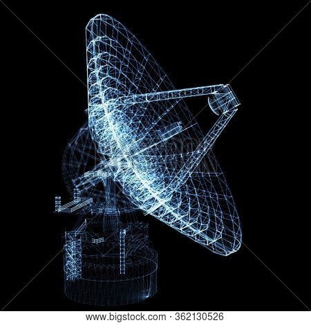 Radio Telescope Of Luminous Lines And Dots. 3d Illustration On A Black Background
