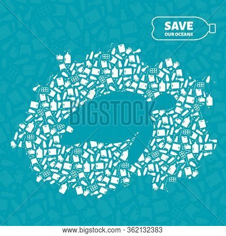 Stop Ocean Plastic Pollution Concept Vector Illustration. Turtle Marine Reptile Silhouette Cut In Pl