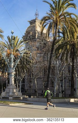 Barcelona, Spain - 13 January 2018: Morning Deserted Streets Of The City Of Barcelona In Spain.