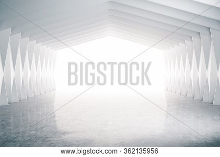 Minimalistic Gallery Hall Interior With Empty Wall And Concerete Floor. Design And Style Concept. Mo
