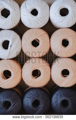 Rolls Of Raffia Threads, Top View. Ropes Made Of Dried Palm Leaves In Pleasing Pastel Colors, Diy An