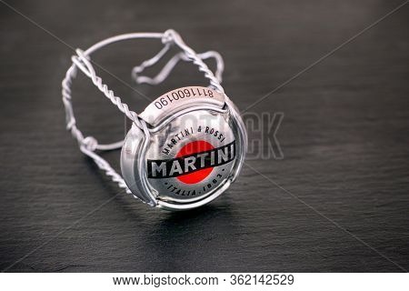 Tambov, Russian Federation - February 14, 2020 Martini Prosecco Rossi Muselet With Cap On Black Back