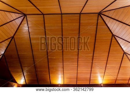 Steel Roof Structure. Moonlight Bulb. Steel Structure With Roof Tiles. Architectural Structure Of Ro