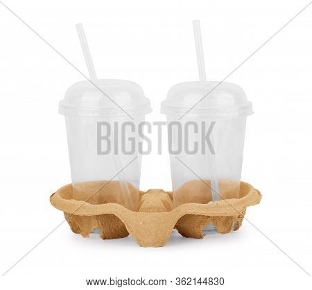 Two Take-out Empty Glasses For Coffee In Holder On A White Background