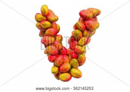 Letter V From Mangos, 3d Rendering Isolated On  White Background