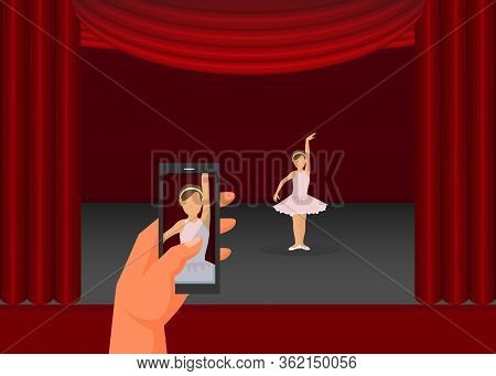 Hand Hold Mobile Phone, Father Record Video Daughter Performance Flat Vector Illustration. Little Gi